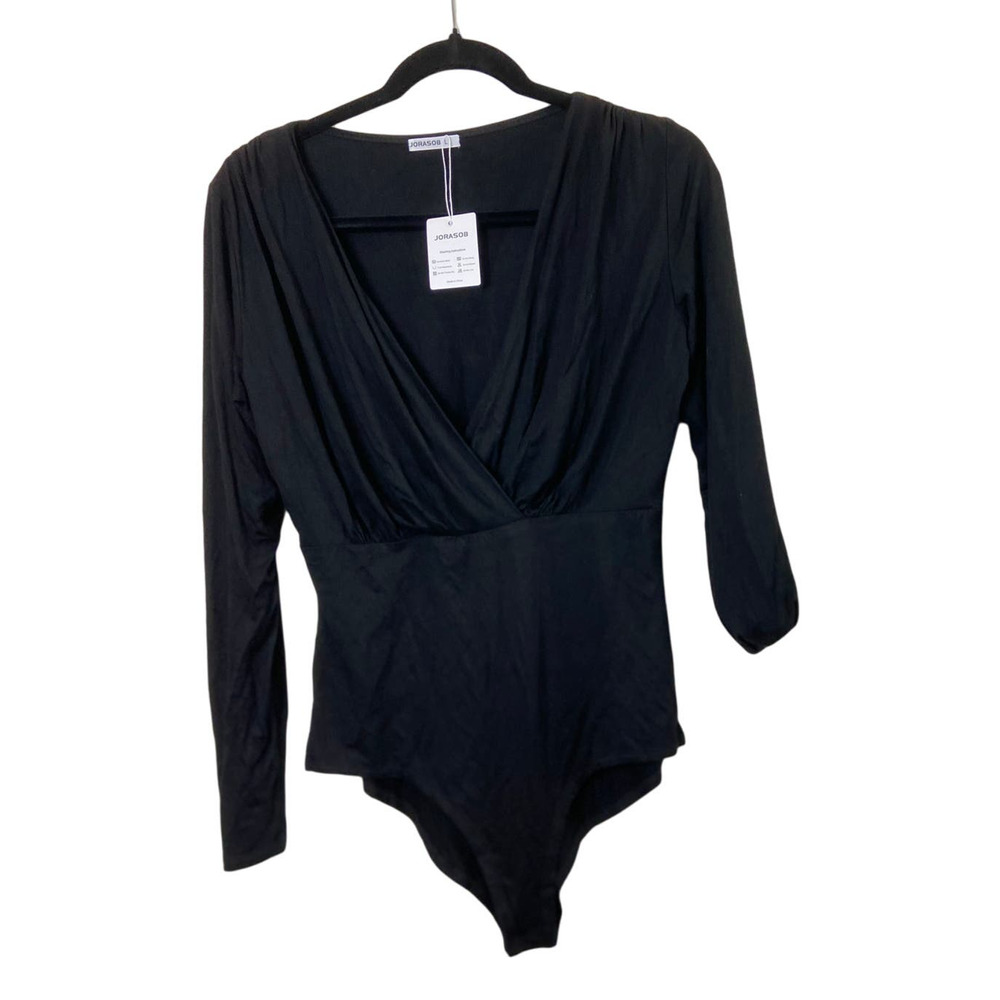 NWT Jorasob Black Womens Bodysuit V-Neck Long Sleeve Large
